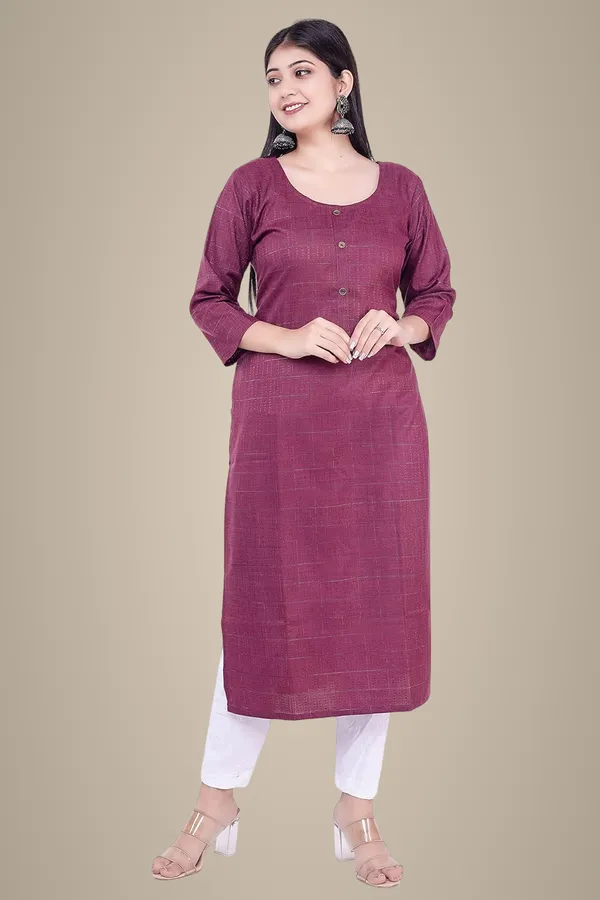 Wine_Ethnic_Jacquard_Rayon_Round_Neck_3/4_Sleeves_Kurti_(Wine)_For_Women