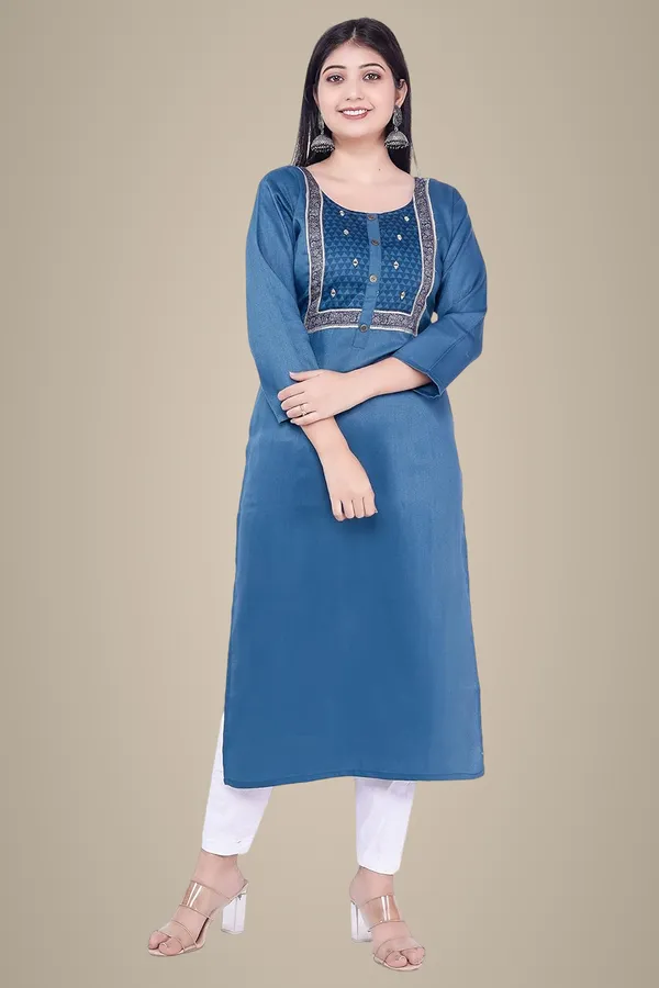 Dark_Blue_New_Yoke_Jacquard_Rayon_Kurti_For_Women