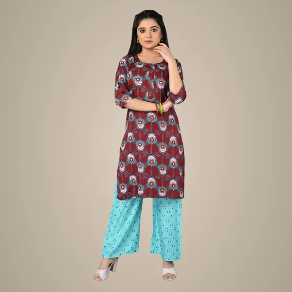 Multicolor_Latest_Stylish_Trendy_Rayon_Round_Neck_3/4_Sleeved_Straight_Kurti/Kurta_&_Pant_Set_For_Women