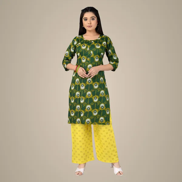 Multicolor_Latest_Stylish_Trendy_Rayon_Round_Neck_3/4_Sleeved_Straight_Kurti/Kurta_&_Pant_Set_For_Women