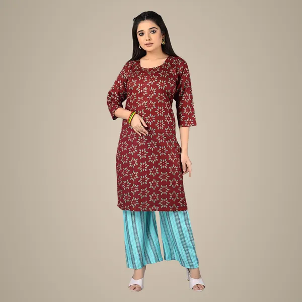 Multicolor_Trendy_Rayon_Round_Neck_3/4_Sleeved_Straight_Kurti/Kurta_&_Pant_Set_For_Women