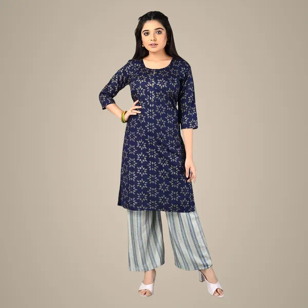 Multicolor_Trendy_Rayon_Round_Neck_3/4_Sleeved_Straight_Kurti/Kurta_&_Pant_Set_For_Women