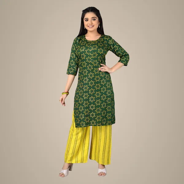 Multicolor_Trendy_Rayon_Round_Neck_3/4_Sleeved_Straight_Kurti/Kurta_&_Pant_Set_For_Women