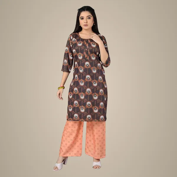 Multicolor_Latest_Stylish_Trendy_Rayon_Round_Neck_3/4_Sleeved_Straight_Kurti/Kurta_&_Pant_Set_For_Women
