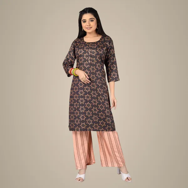Multicolor_Trendy_Rayon_Round_Neck_3/4_Sleeved_Straight_Kurti/Kurta_&_Pant_Set_For_Women