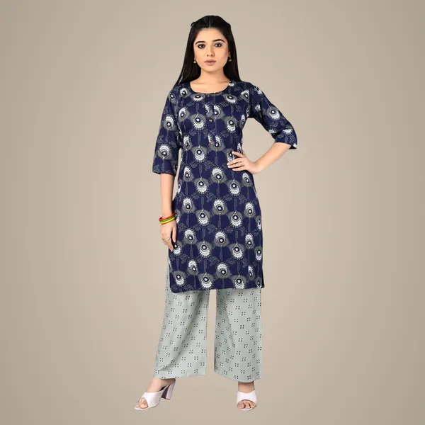 Multicolor_Latest_Stylish_Trendy_Rayon_Round_Neck_3/4_Sleeved_Straight_Kurti/Kurta_&_Pant_Set_For_Women