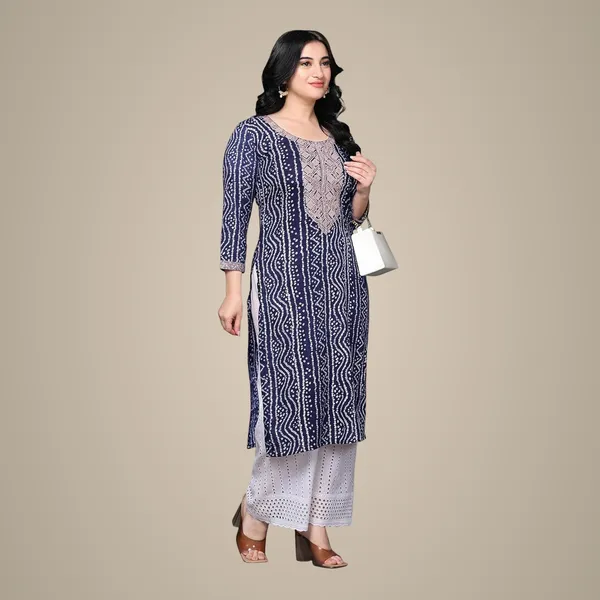 Navy_Blue_Ethnic_Designer_Rayon_Bandhani_Printed_With_Zari_Work_Straight_Fit_A-Line_Long_Kurta_For_Women