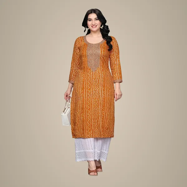 Orange_Ethnic_Designer_Rayon_Bandhani_Printed_With_Zari_Work_Straight_Fit_A-Line_Long_Kurta_For_Women