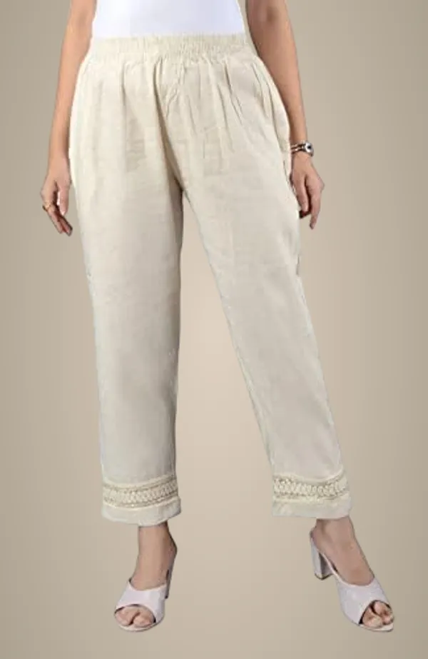 Cream_Lucknowi_Chikankari_Ankle_Length_Rayon_Pant/Palazzo/Trouser_In_Cream_Color_For_Women