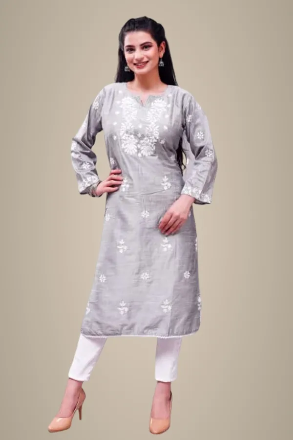 Grey_Embroidered_Lucknowi_Chikankari_Straight_Kurta_For_Women