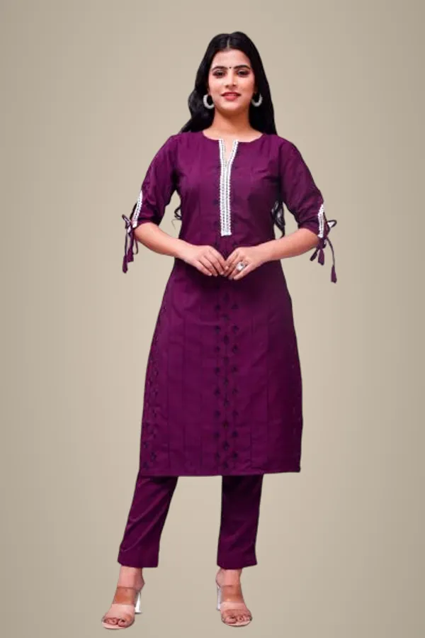 Wine_Solid_&_Embroidered_Straight_Kurta_With_Pant_Regular_Wear_For_Women