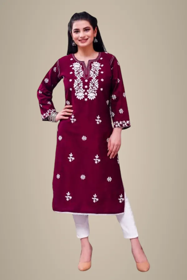 Wine_Embroidered_Lucknowi_Chikankari_Straight_Kurta_For_Women