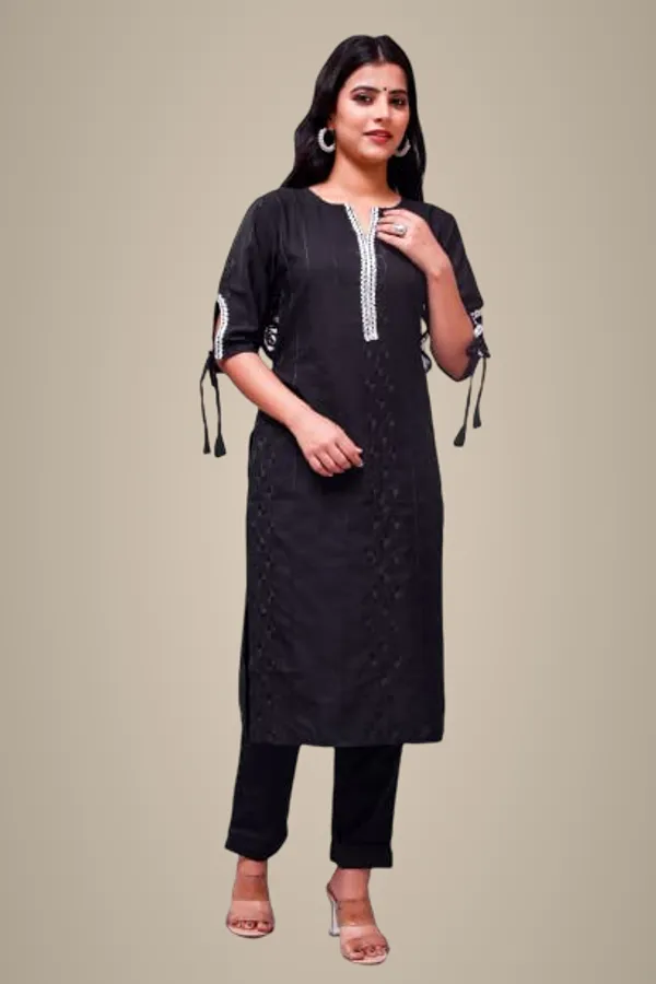 Black_Solid_&_Embroidered_Straight_Kurta_With_Pant_Regular_Wear_For_Women