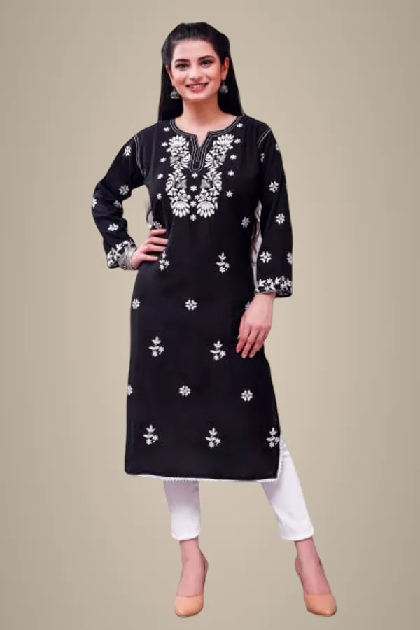Black_Embroidered_Lucknowi_Chikankari_Straight_Kurta_For_Women