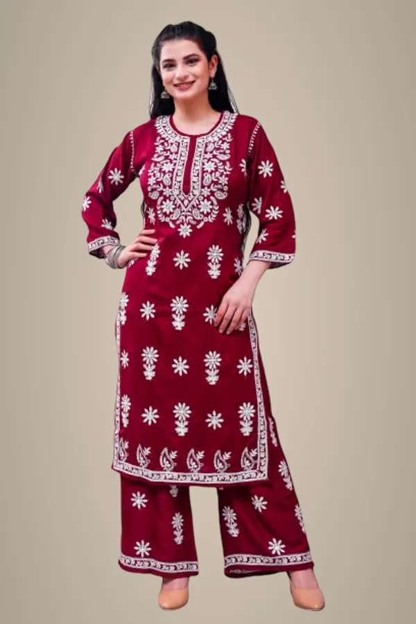 Wine_Chikankari_Embroidered_Kurta_&_Palazzo_Set_For_Women