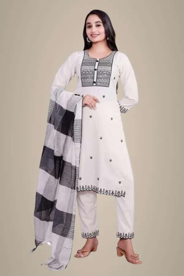 Cream_Traditional_Attire_Indian_Ethnic_Casual_Cotton_Embroidered_Kurti_Pant_Set_With_Dupatta_For_Women