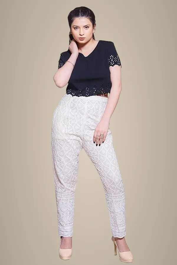 Cream_Cream_Rayon_Fabric_Chikan_Embroidered_Palazzo_Pants_With_Elastic_Waist_&_Casual_Wear_For_Women