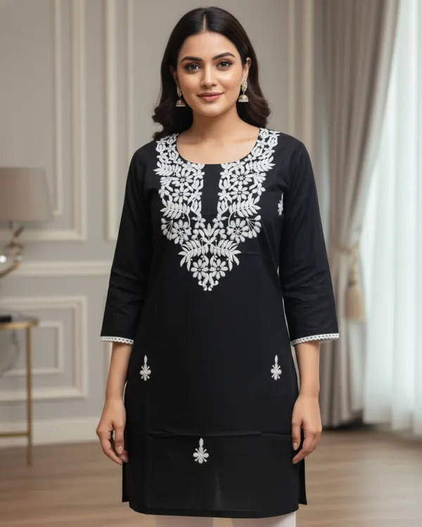 Elegantly_crafted_rayon_chikankari_short_kurti_featuring_intricate_white_embroidery