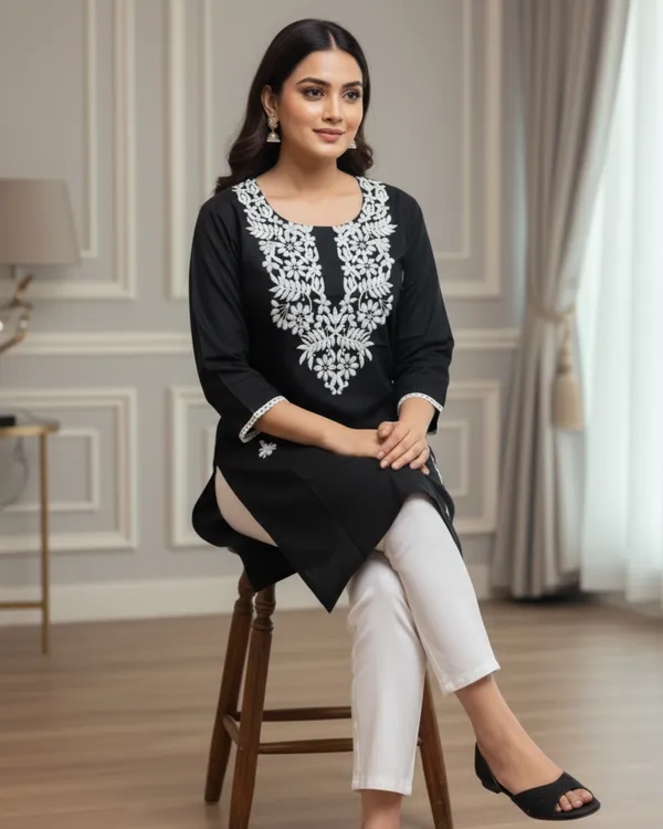 Elegantly_crafted_rayon_chikankari_short_kurti_featuring_intricate_white_embroidery
