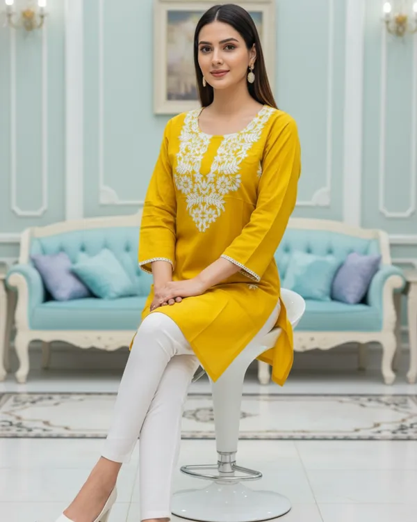 Elegantly_crafted_rayon_chikankari_short_kurti_featuring_intricate_white_embroidery