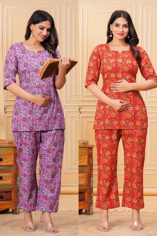 Pack_of_2_Red_&_Purple_Pure_Cotton_Printed_Maternity_Short_Kurti_with_Pant_Co-Ord_Set_|_For_Women