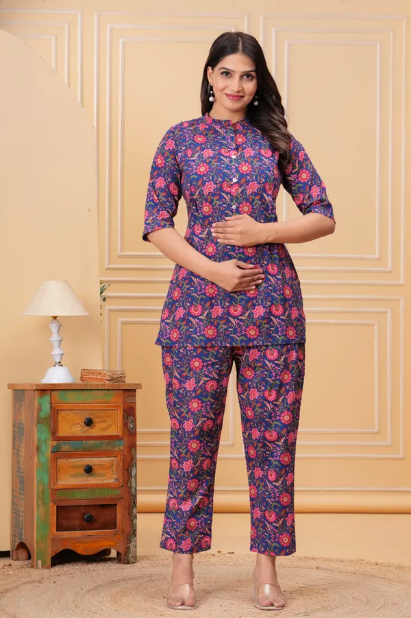Pack_of_2_Blue_&_Red_Pure_Cotton_Printed_Maternity_Short_Kurti_with_Pant_Co-Ord_Set_|_For_Women