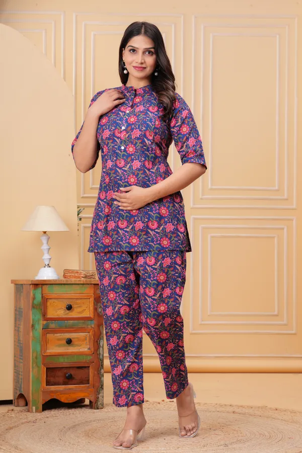 Pack_of_2_Blue_&_Red_Pure_Cotton_Printed_Maternity_Short_Kurti_with_Pant_Co-Ord_Set_|_For_Women