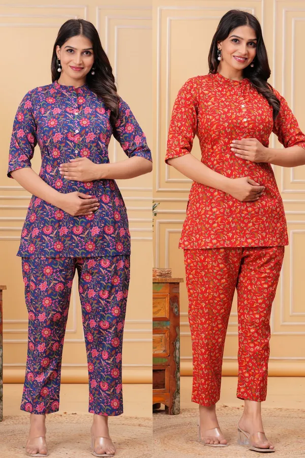 Pack_of_2_Blue_&_Red_Pure_Cotton_Printed_Maternity_Short_Kurti_with_Pant_Co-Ord_Set_|_For_Women