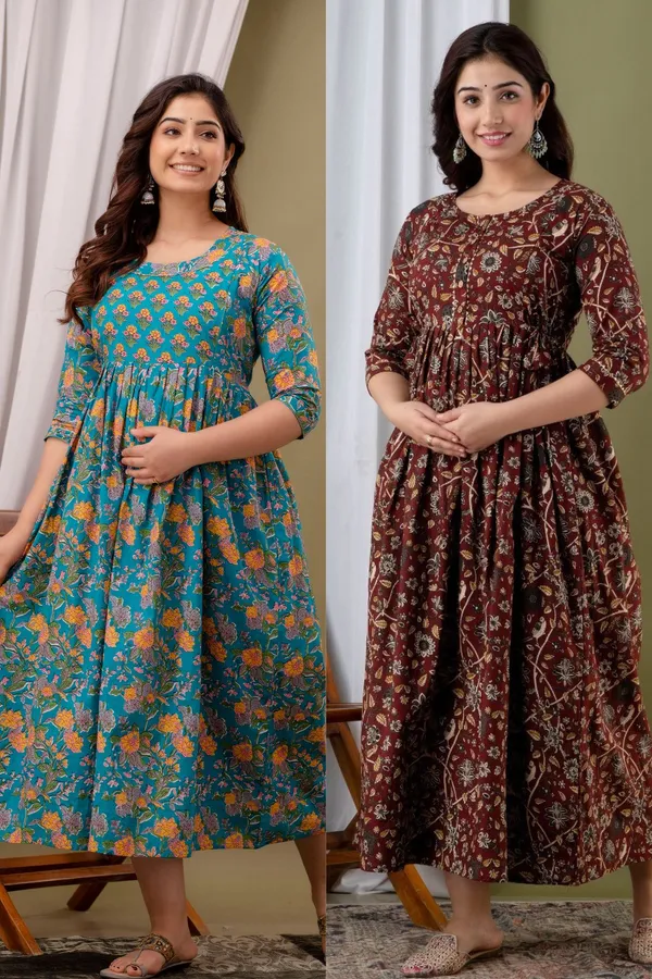 Pack_of_2_Maroon_&_Sky_Blue_Pure_Cotton_Printed_Maternity_Kurti_|_For_Women