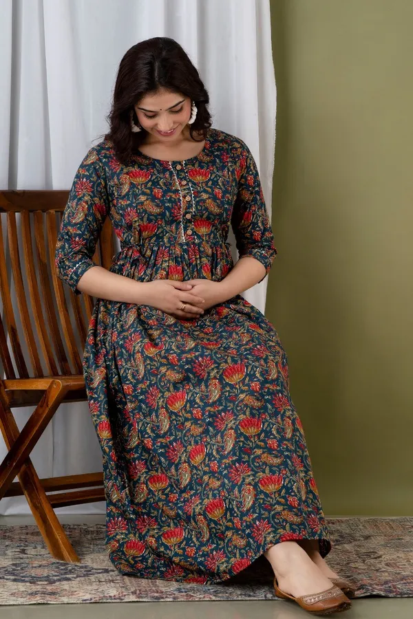 Royle_Blue_Pure_Cotton_Printed_Maternity_Kurti_|_For_Women