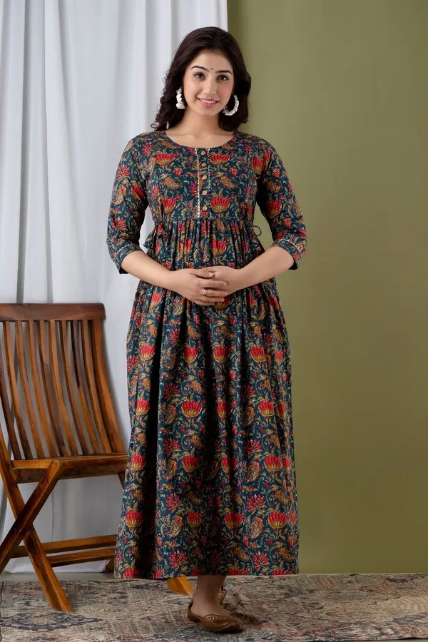 Royle_Blue_Pure_Cotton_Printed_Maternity_Kurti_|_For_Women