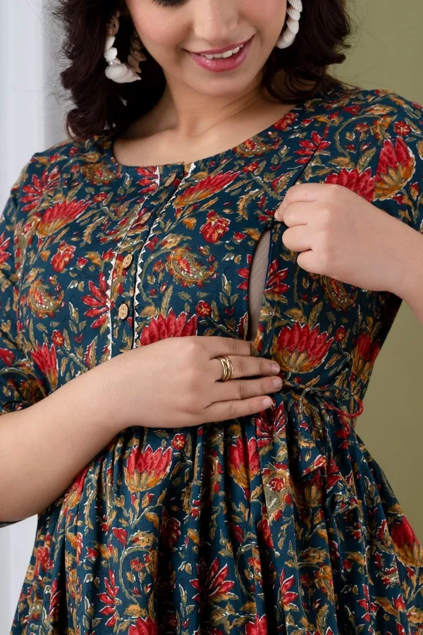 Royle_Blue_Pure_Cotton_Printed_Maternity_Kurti_|_For_Women