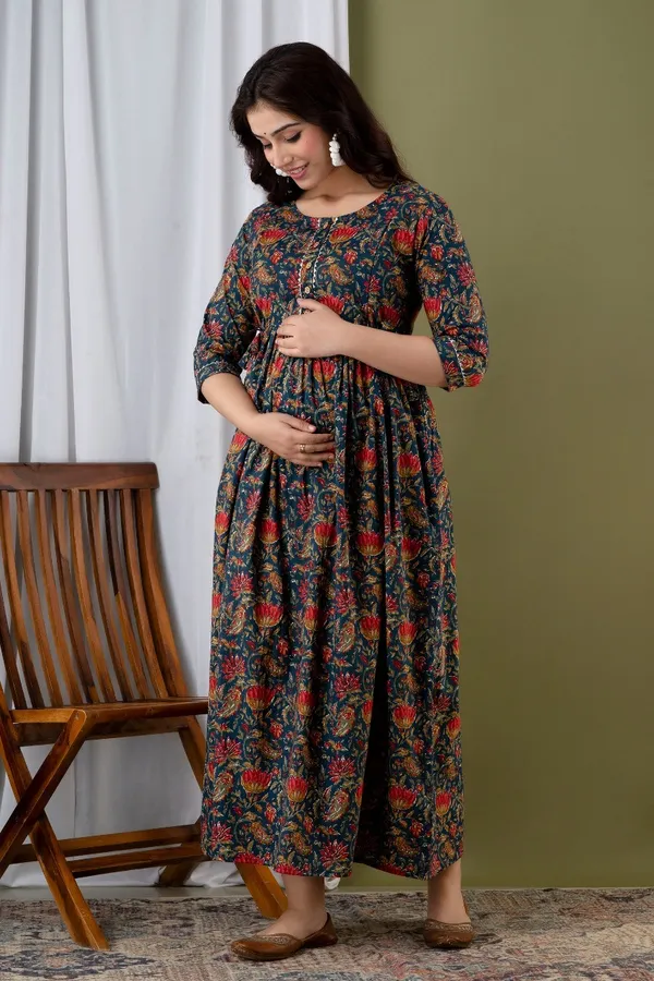 Royle_Blue_Pure_Cotton_Printed_Maternity_Kurti_|_For_Women