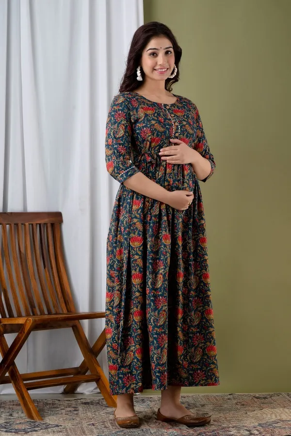Royle_Blue_Pure_Cotton_Printed_Maternity_Kurti_|_For_Women