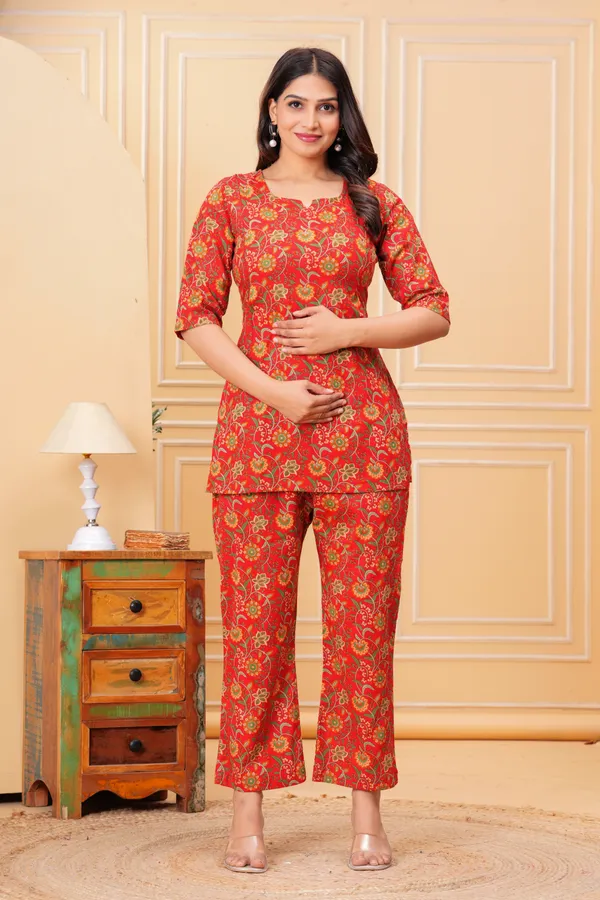 Pack_of_2_Red_&_Purple_Pure_Cotton_Printed_Maternity_Short_Kurti_with_Pant_Co-Ord_Set_|_For_Women