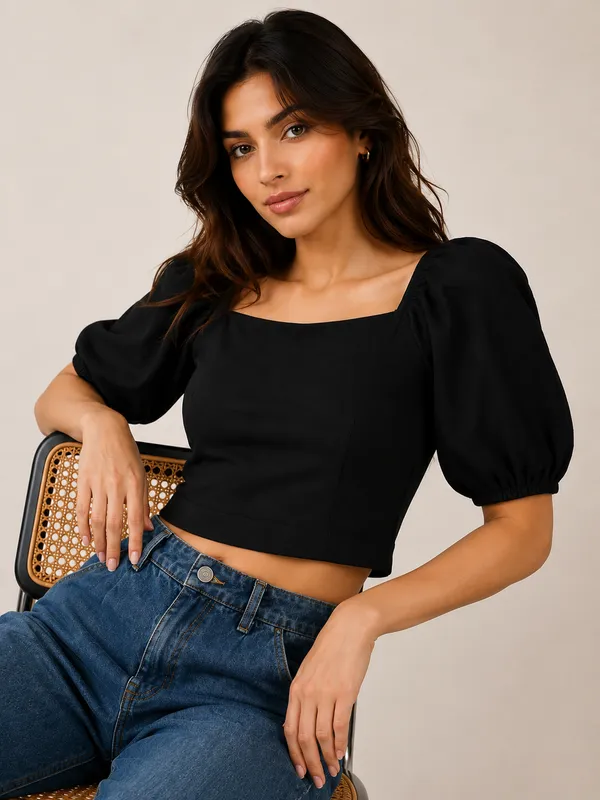 Elegant_Black_Square_Neck_Puff_Sleeve_Crop_Top
