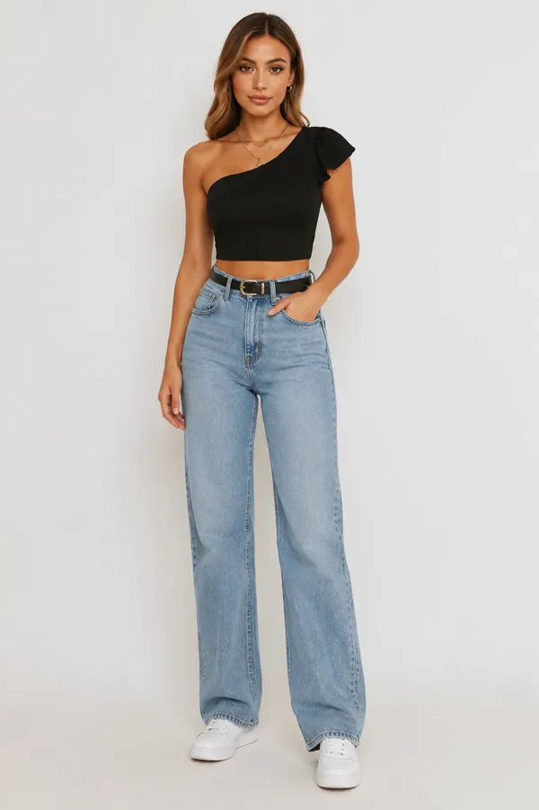 Black_Cotton_Premium__Blend_One-Shoulder_Ruffle_Sleeve_Crop_Top_For_Women
