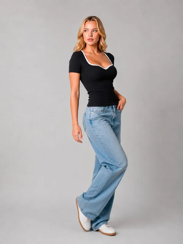 Black_Cotton_Premium_Lycra_Short-Sleeve_Contrast_Neckline_Top_For_Women