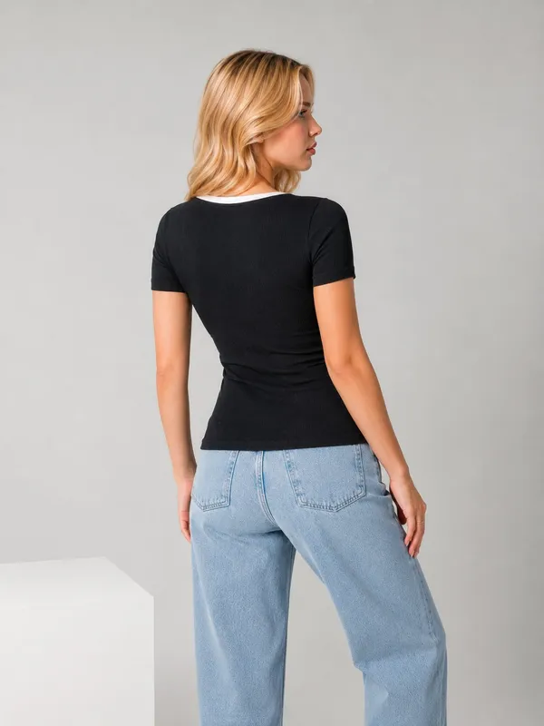 Black_Cotton_Premium_Lycra_Short-Sleeve_Contrast_Neckline_Top_For_Women