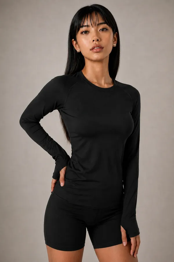Black_Semi-Premium_Nylon_Women’s_Long_Sleeve_Workout_Top_with_Thumb_Holes