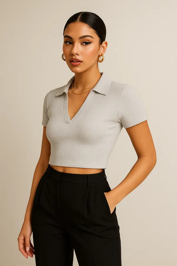 Grey_Ribbed_Premium_Premium_Collar_V-Neck_Top_For_Women