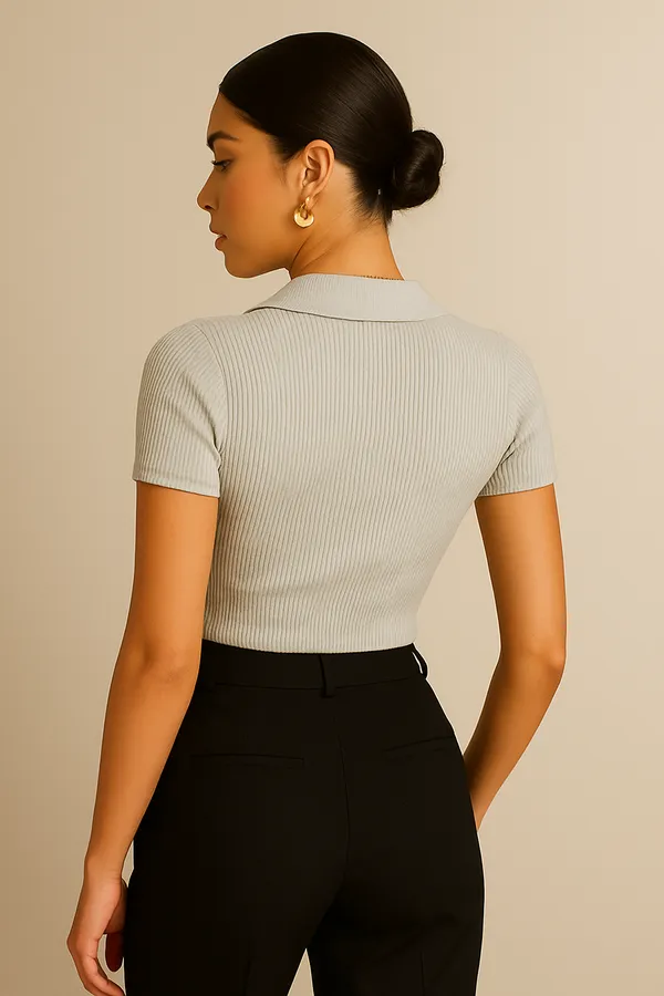 Grey_Ribbed_Premium_Premium_Collar_V-Neck_Top_For_Women