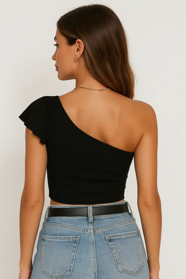 Black_Cotton_Premium__Blend_One-Shoulder_Ruffle_Sleeve_Crop_Top_For_Women