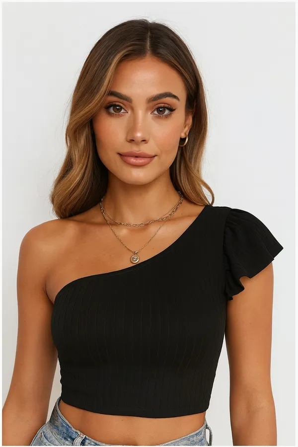 Black_Cotton_Premium__Blend_One-Shoulder_Ruffle_Sleeve_Crop_Top_For_Women