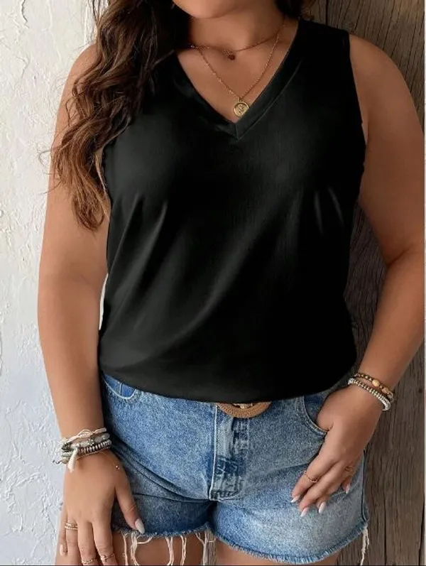 Black_Semi-Premium_Nylon_Sleeveless_V-Neck_Top_For_Women