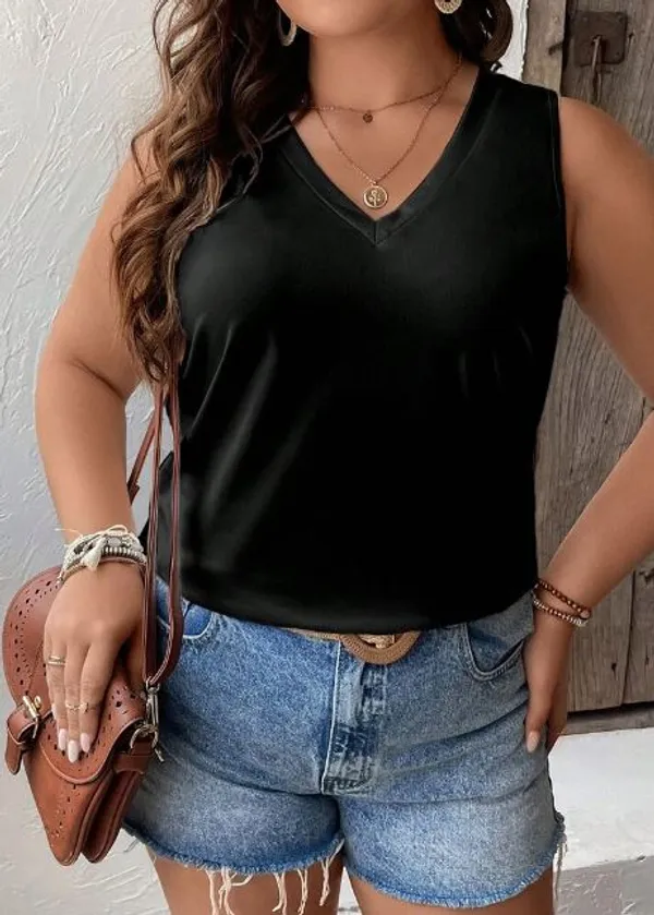 Black_Semi-Premium_Nylon_Sleeveless_V-Neck_Top_For_Women