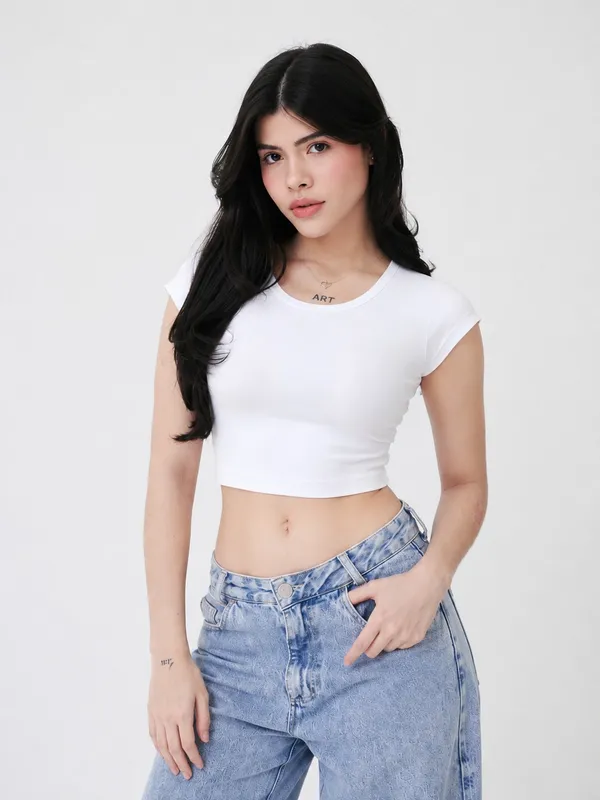 White_Cotton_Premium__Short_Sleeve_Crop_Top_For_Women