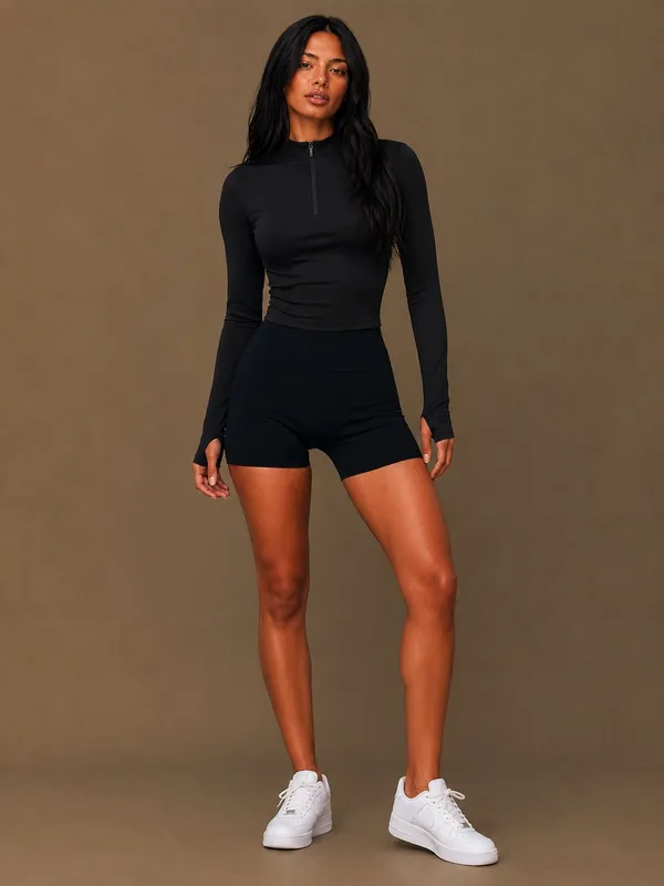 Black_Premium_Nylon_Active_Wear_High_Neck_Zip-Up_Top_For_Women