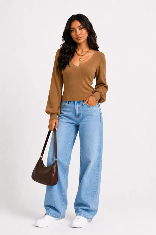 Ribbed_V-Neck_Puff_Sleeve_Top
