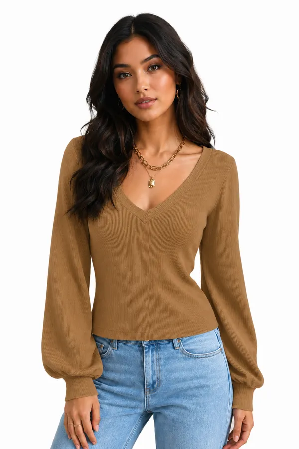 Ribbed_V-Neck_Puff_Sleeve_Top